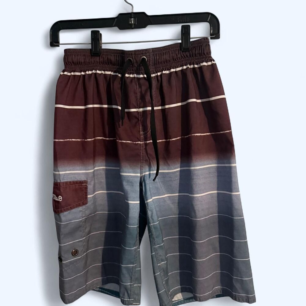 Nonwe Men's Ombre Striped Swim Trunks Board Shorts Burgundy Blue 32